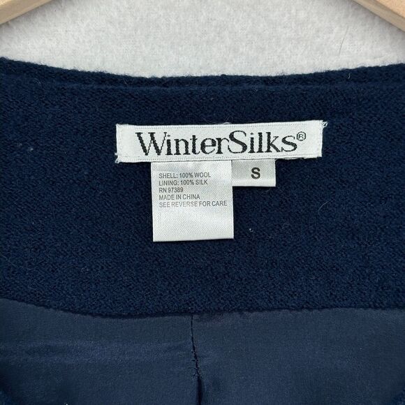 WINTERSILKS Blazer Womens S Wool Silk Ruffle Full Zip Jacket Office Work Blue - Picture 10 of 13